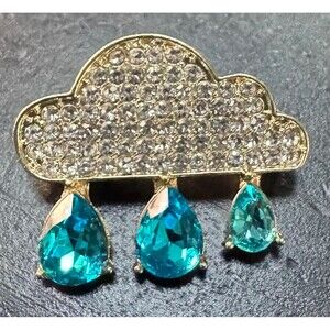 Vintage Miniature Cloud Dripping Blue Raindrop Rhinestone Brooch Pin B100